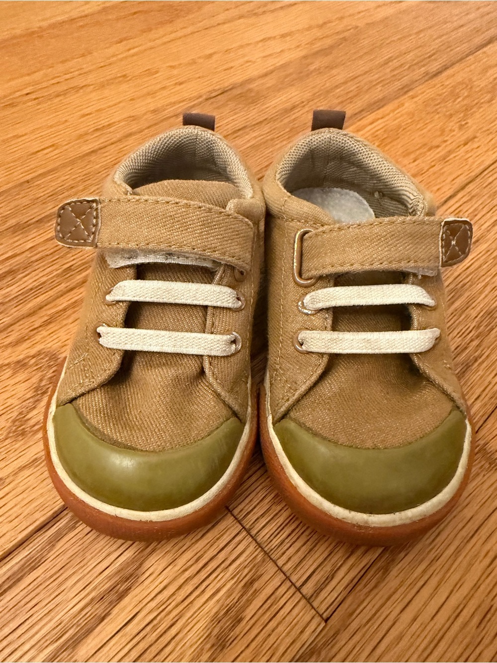 See Kai Run Tan Canvas Sneakers with Olive Toe Caps